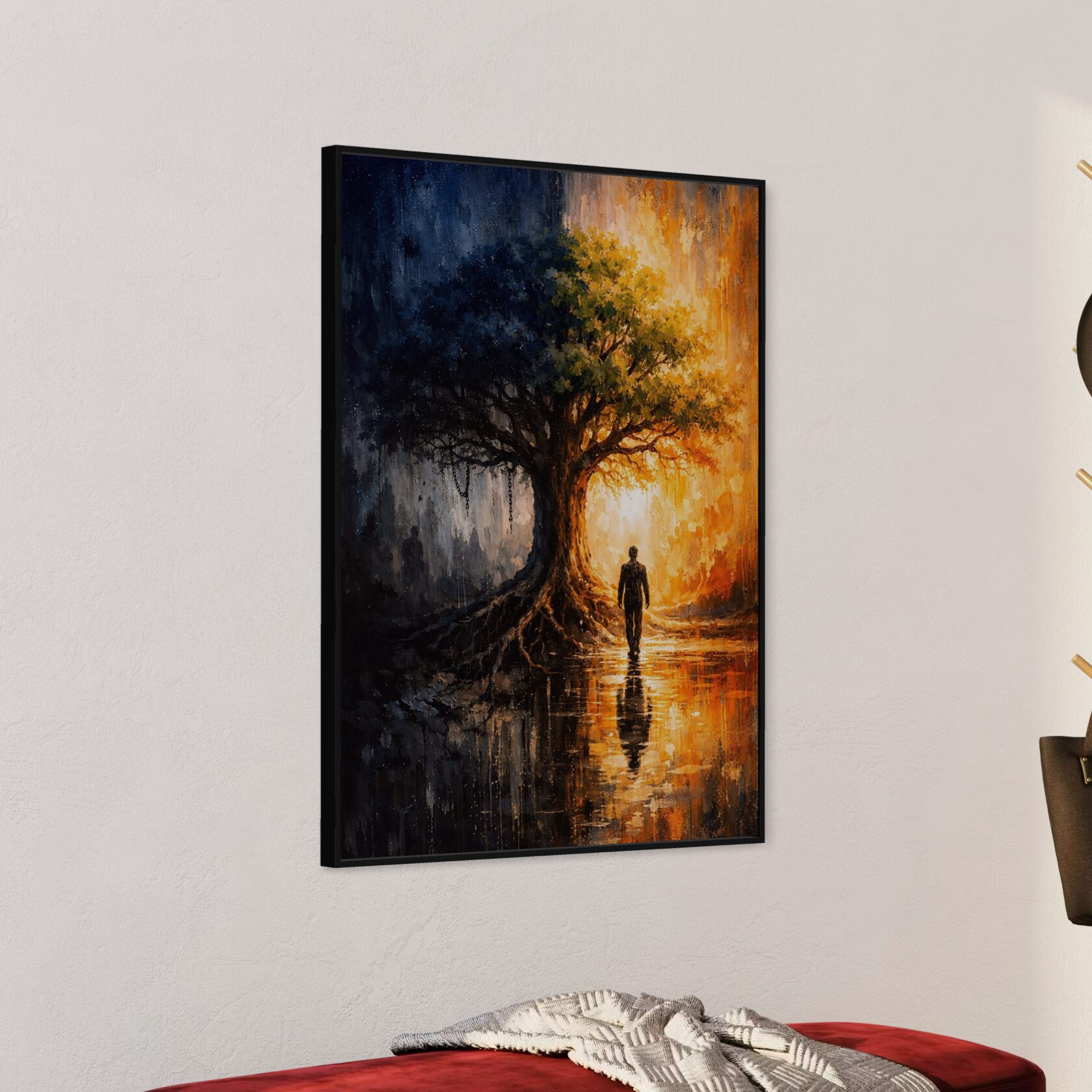 Tableau Clair Obscur – Entre Ombre et Lumière tableau clair obscur arbre lumineux silhouette décoration murale contemporaine