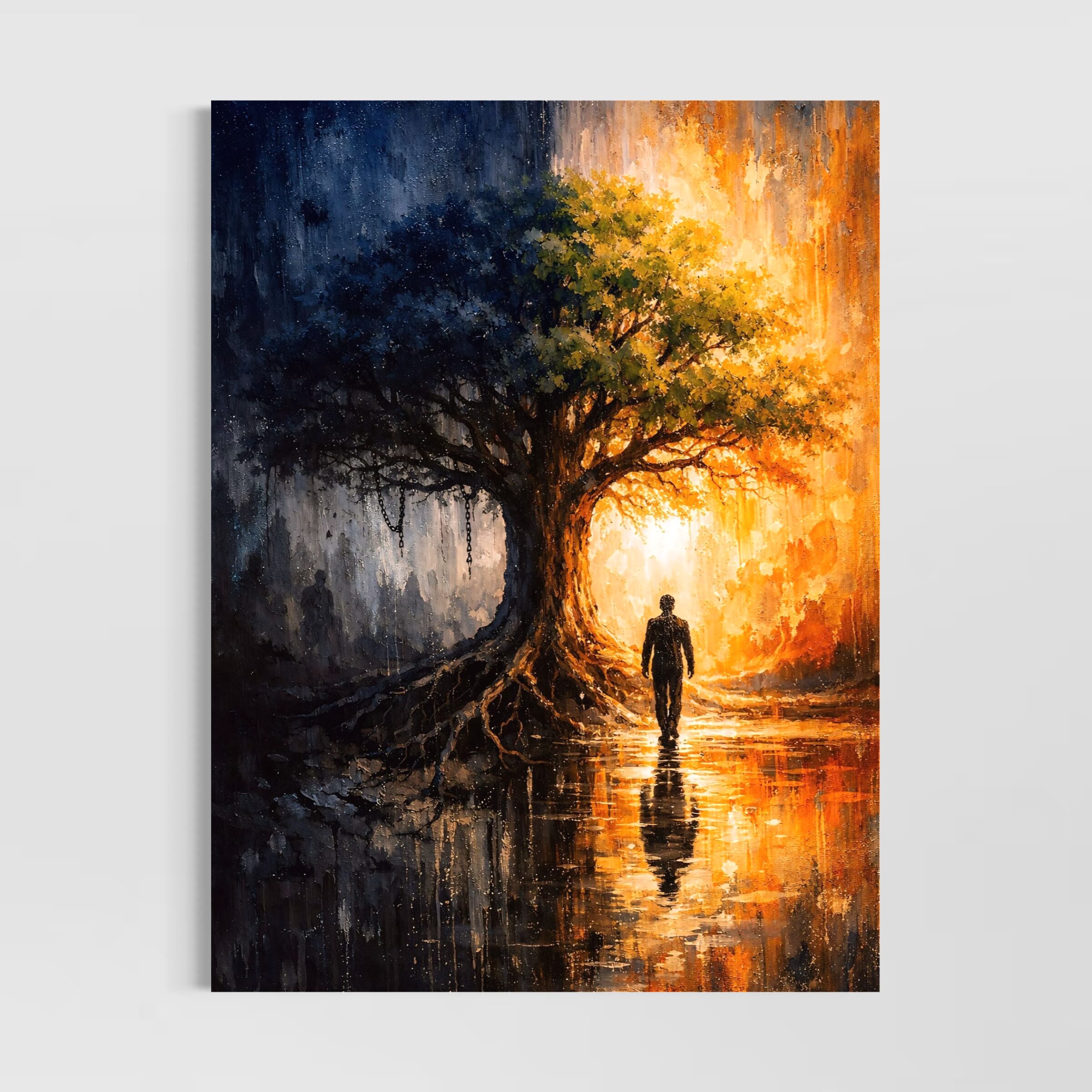 Tableau Clair Obscur – Entre Ombre et Lumière tableau clair obscur arbre lumineux silhouette ambiance contemporaine