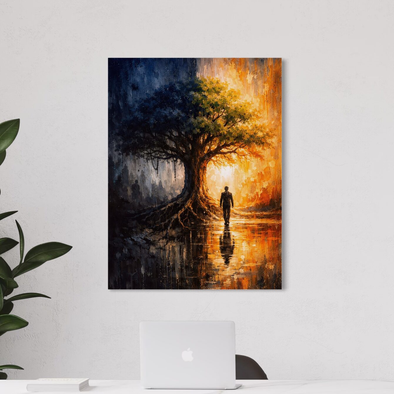 Tableau Clair Obscur – Entre Ombre et Lumière tableau clair obscur arbre lumineux décoration murale bureau moderne
