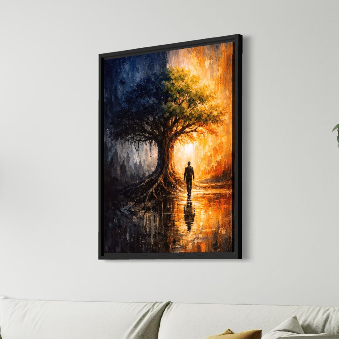 Tableau Clair Obscur – Entre Ombre et Lumière tableau clair obscur arbre lumineux avec cadre noir dans salon moderne