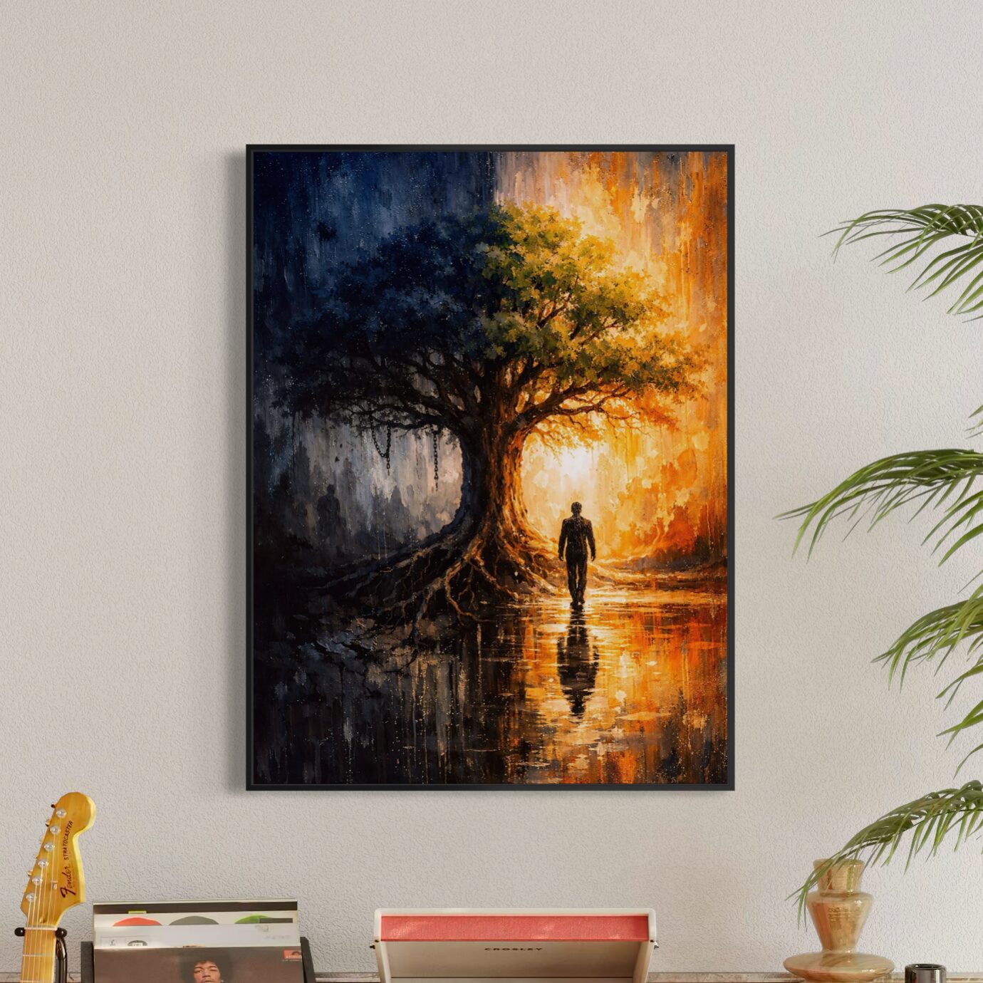 Tableau Clair Obscur – Entre Ombre et Lumière tableau clair obscur arbre lumineux ambiance artistique contemporaine