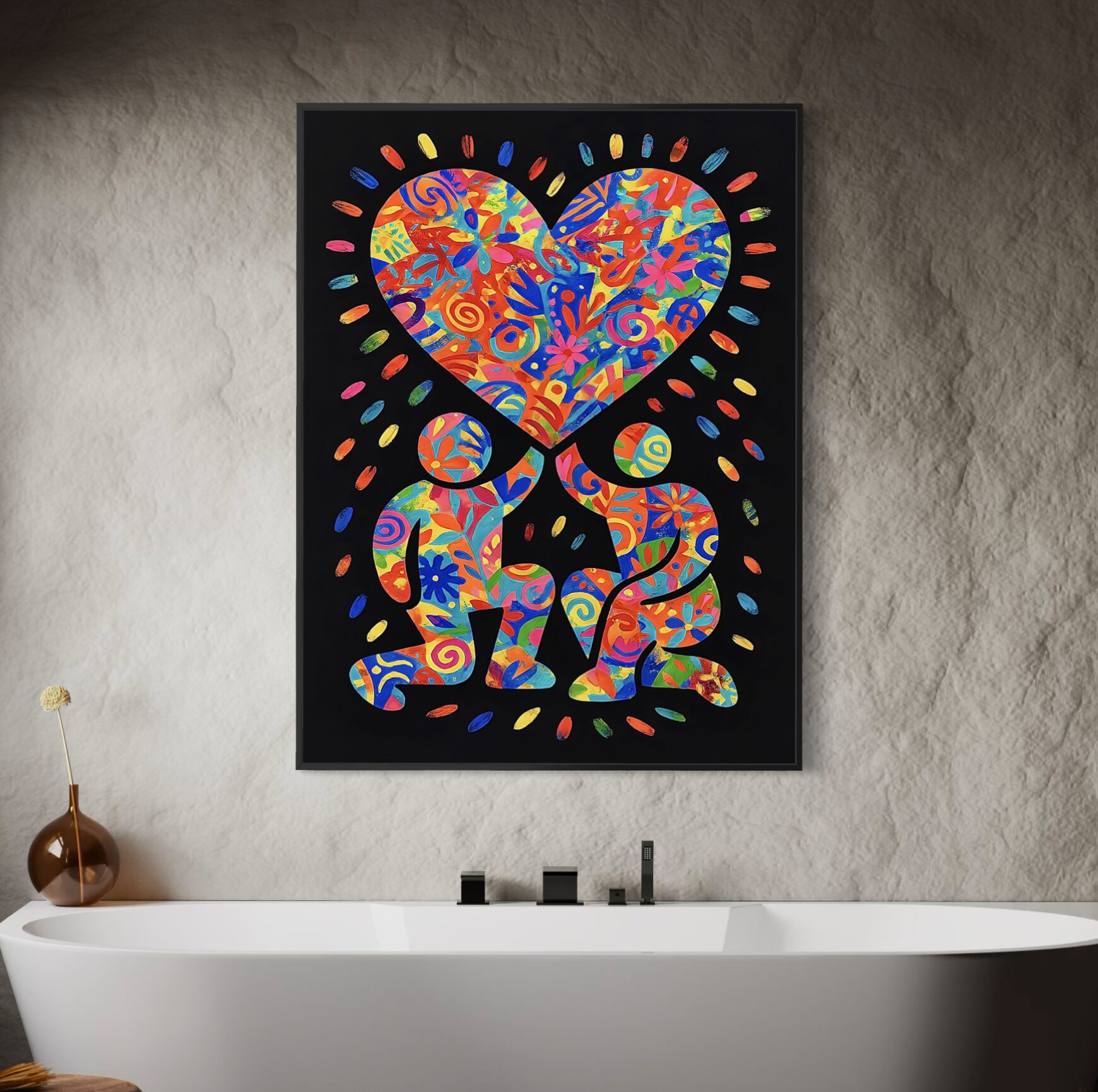 tableau couple amour pop art cœur coloré décoration murale moderne salle de bain contemporaine