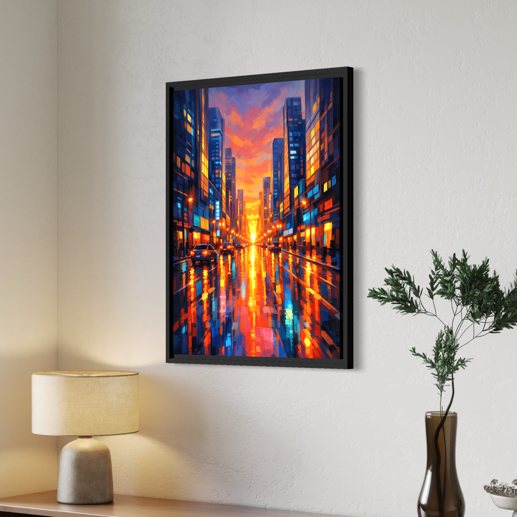 tableau crépuscule urbain dans une ambiance chaleureuse et contemporaine