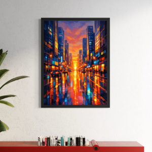 tableau crépuscule urbain avec cadre noir dans une décoration moderne