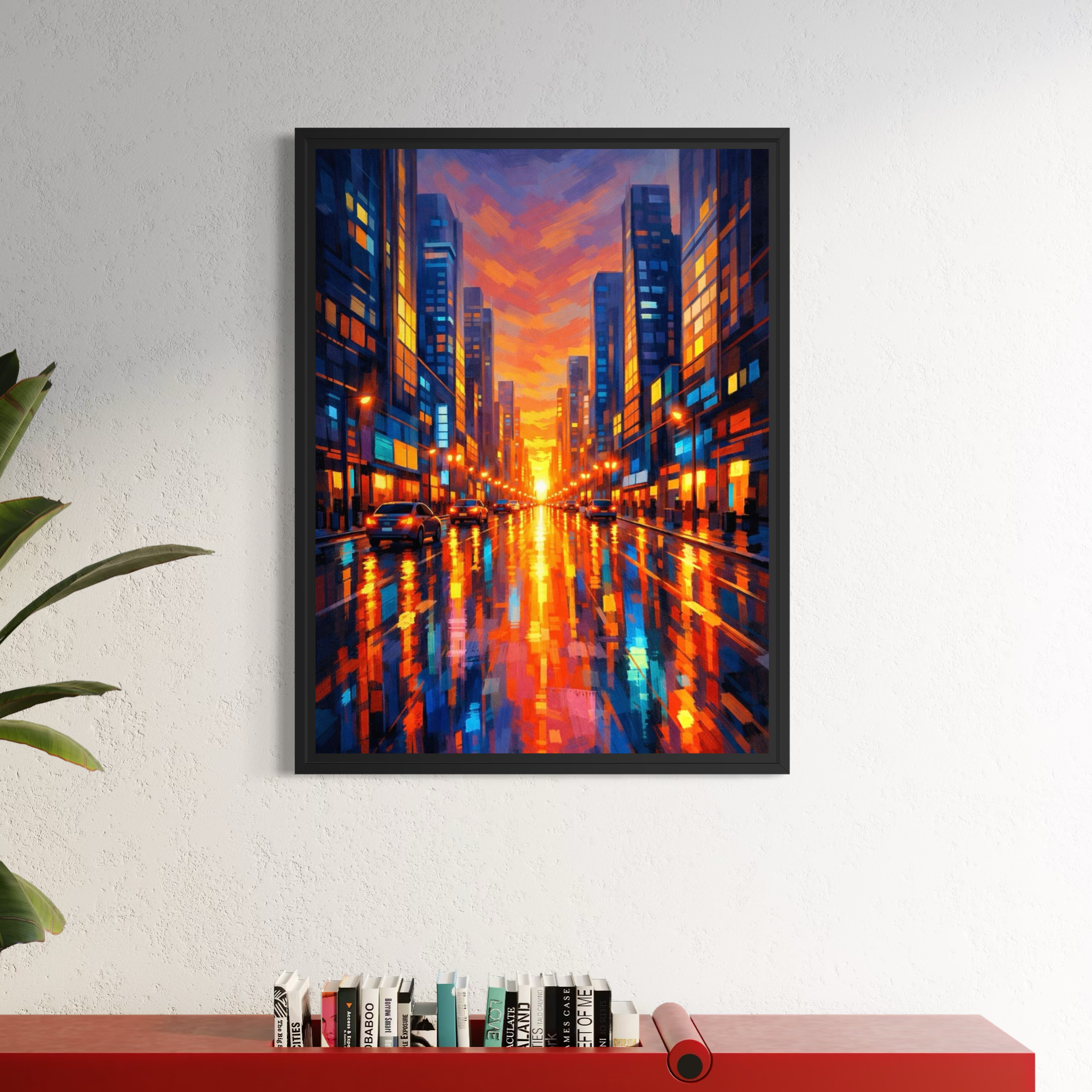 tableau crépuscule urbain avec cadre noir dans une décoration moderne