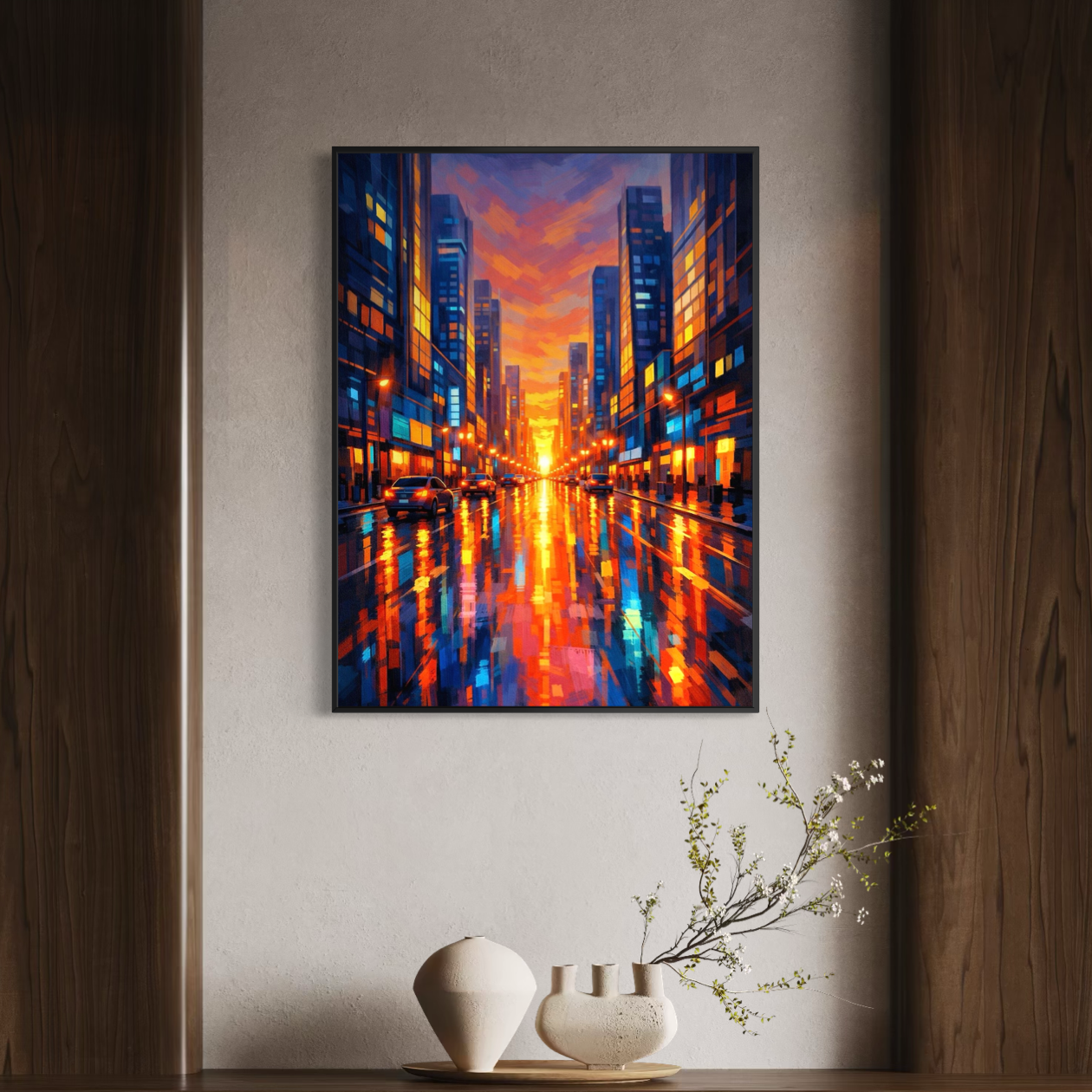 tableau crépuscule urbain dans un intérieur élégant avec décoration minimaliste