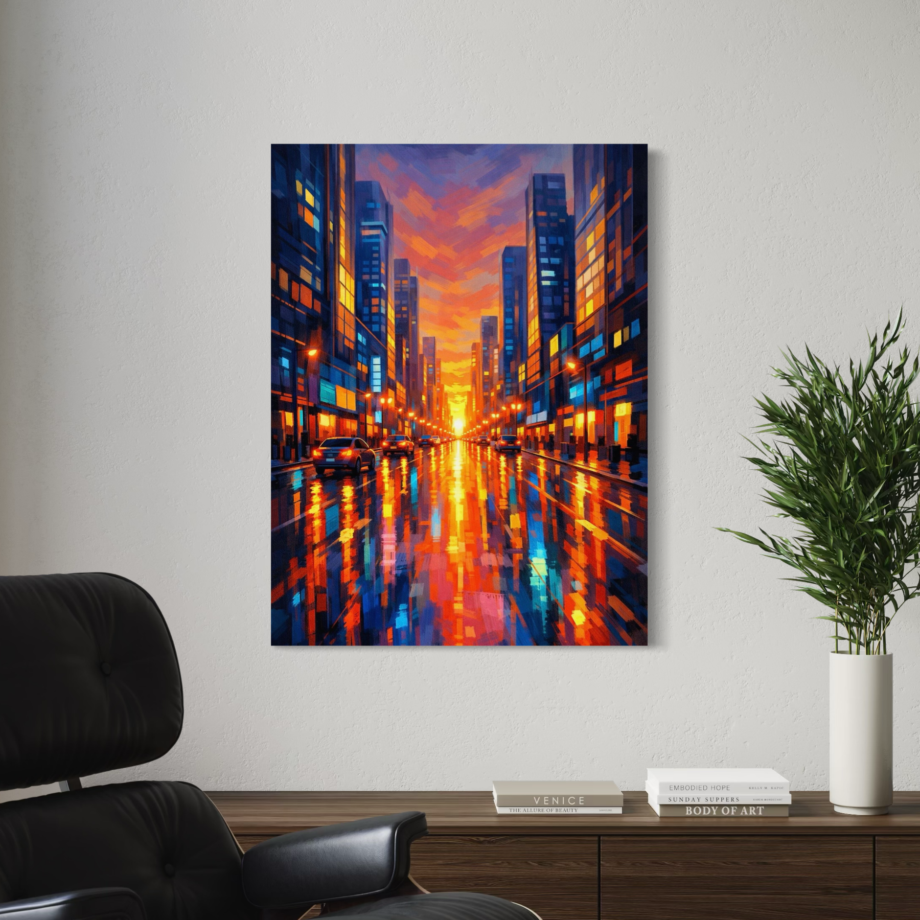 tableau crépuscule urbain dans un salon design moderne avec fauteuil noir