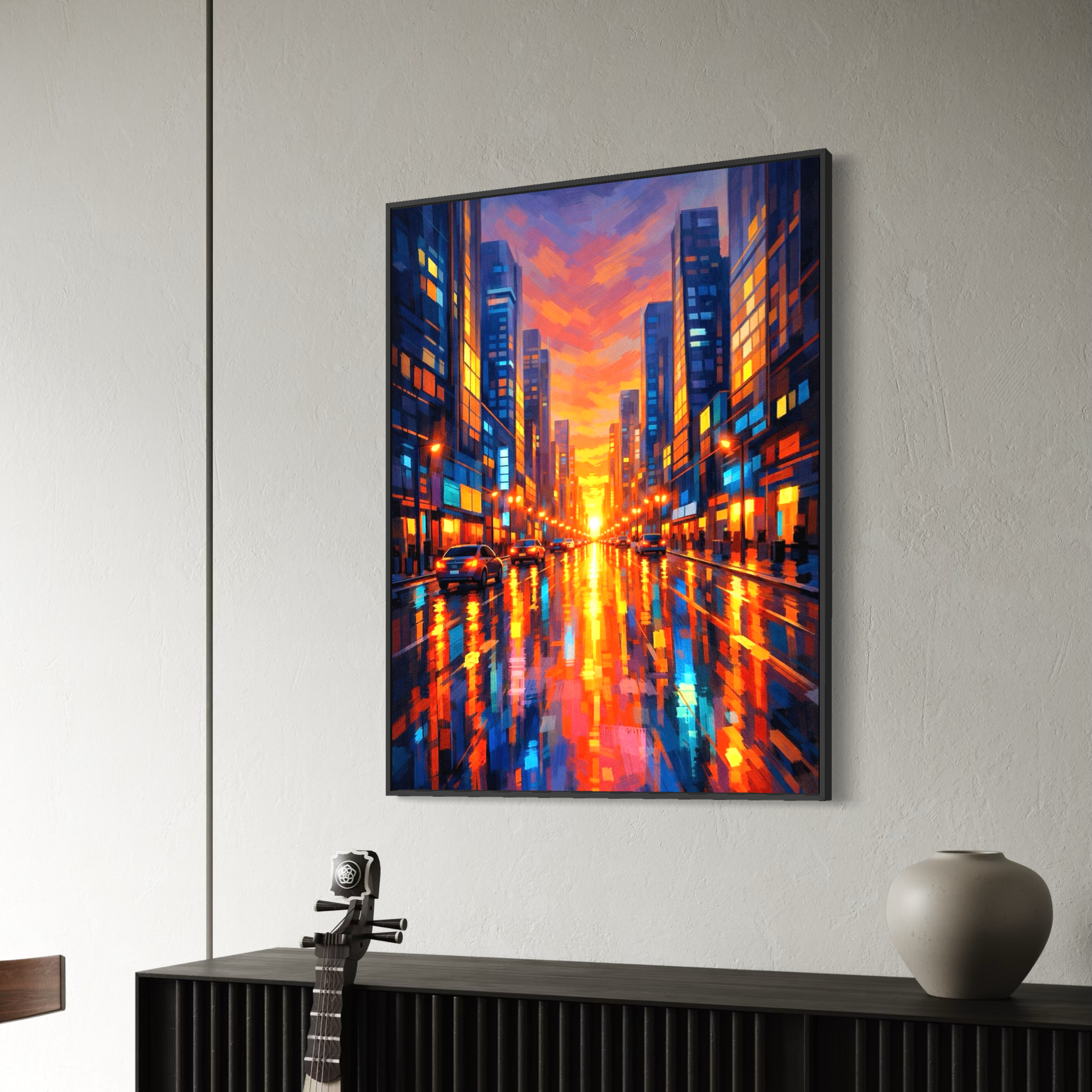 tableau crépuscule urbain dans un salon moderne avec décoration contemporaine