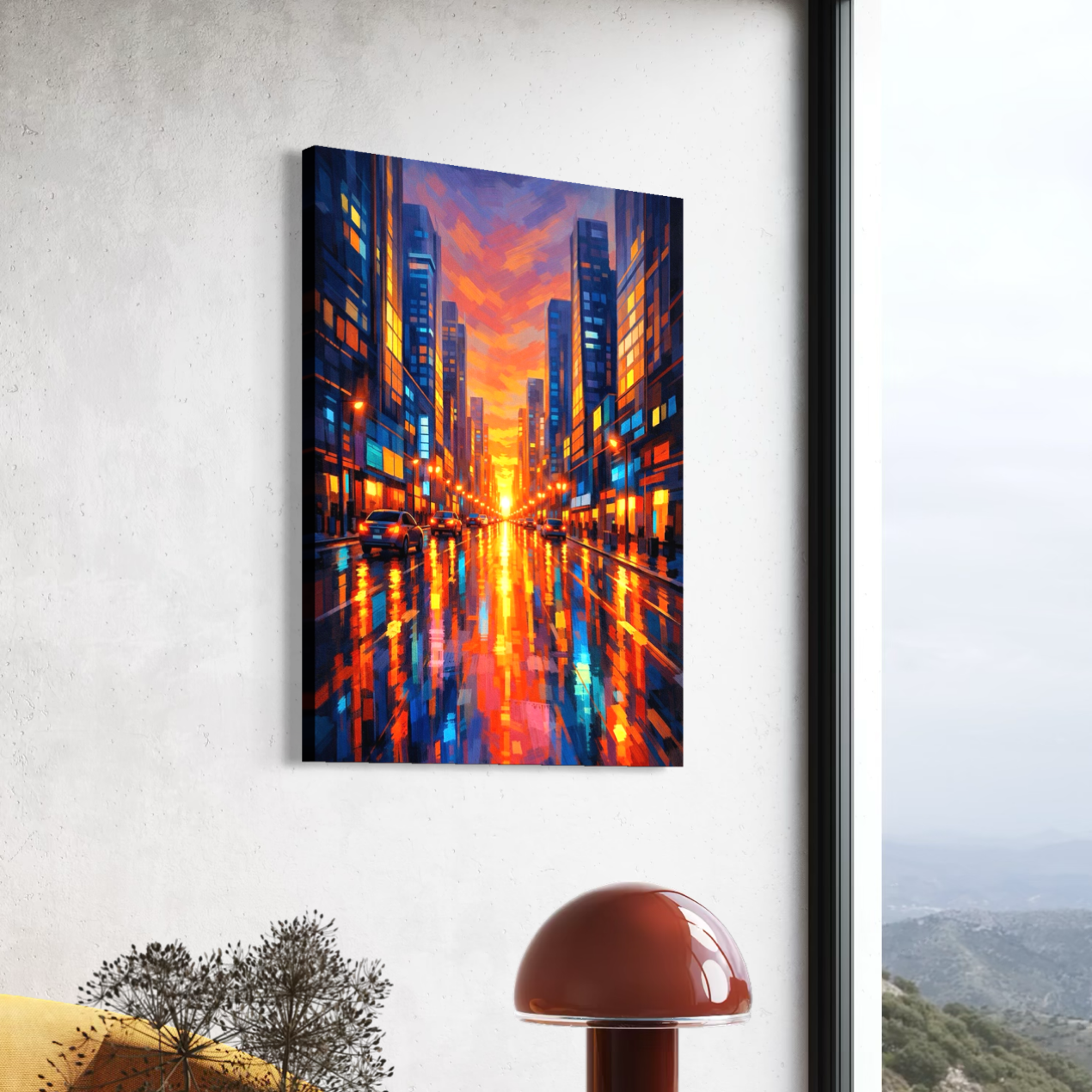 vue latérale du tableau crépuscule urbain dans un intérieur moderne lumineux