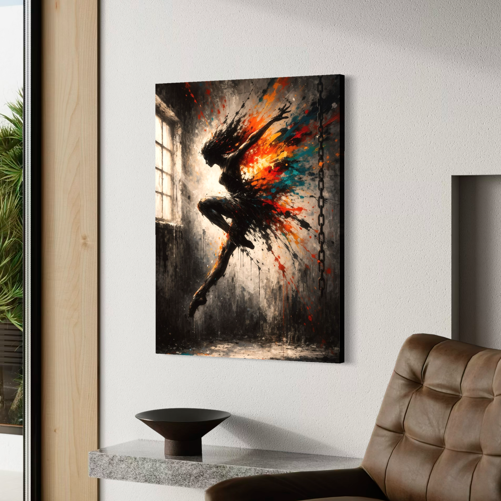 Tableau danse moderne – Évasion en Éclats art abstrait tableau danse moderne evasion en eclats decoration interieur design fauteuil cuir ambiance contemporaine