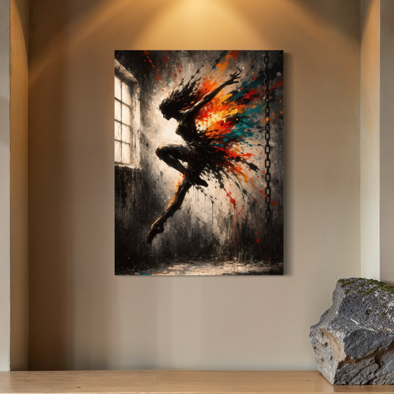 Tableau danse moderne – Évasion en Éclats art abstrait tableau danse moderne evasion en eclats niche murale lumiere chaude decoration interieur design