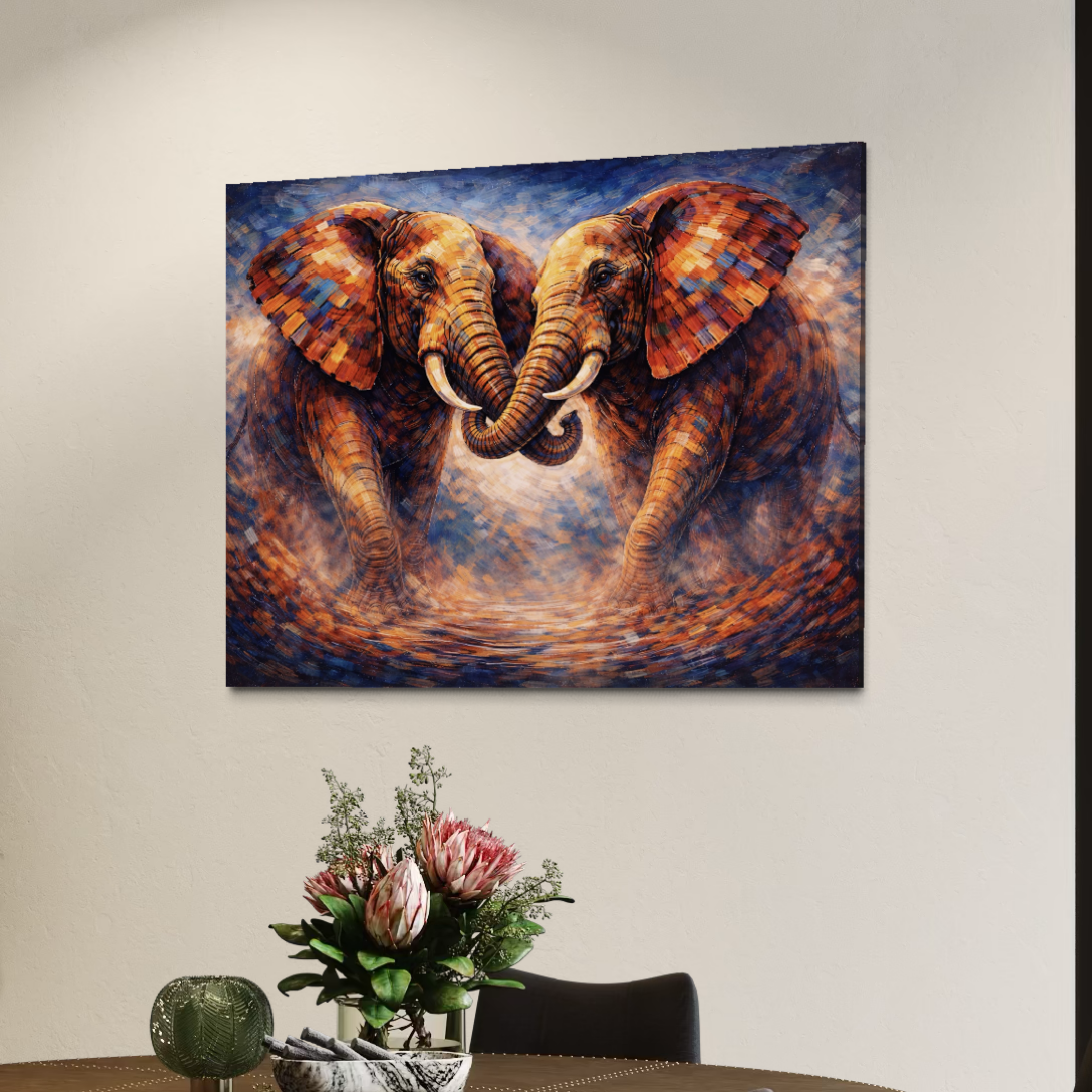 tableau éléphants contemporains art animalier moderne couleurs chaudes