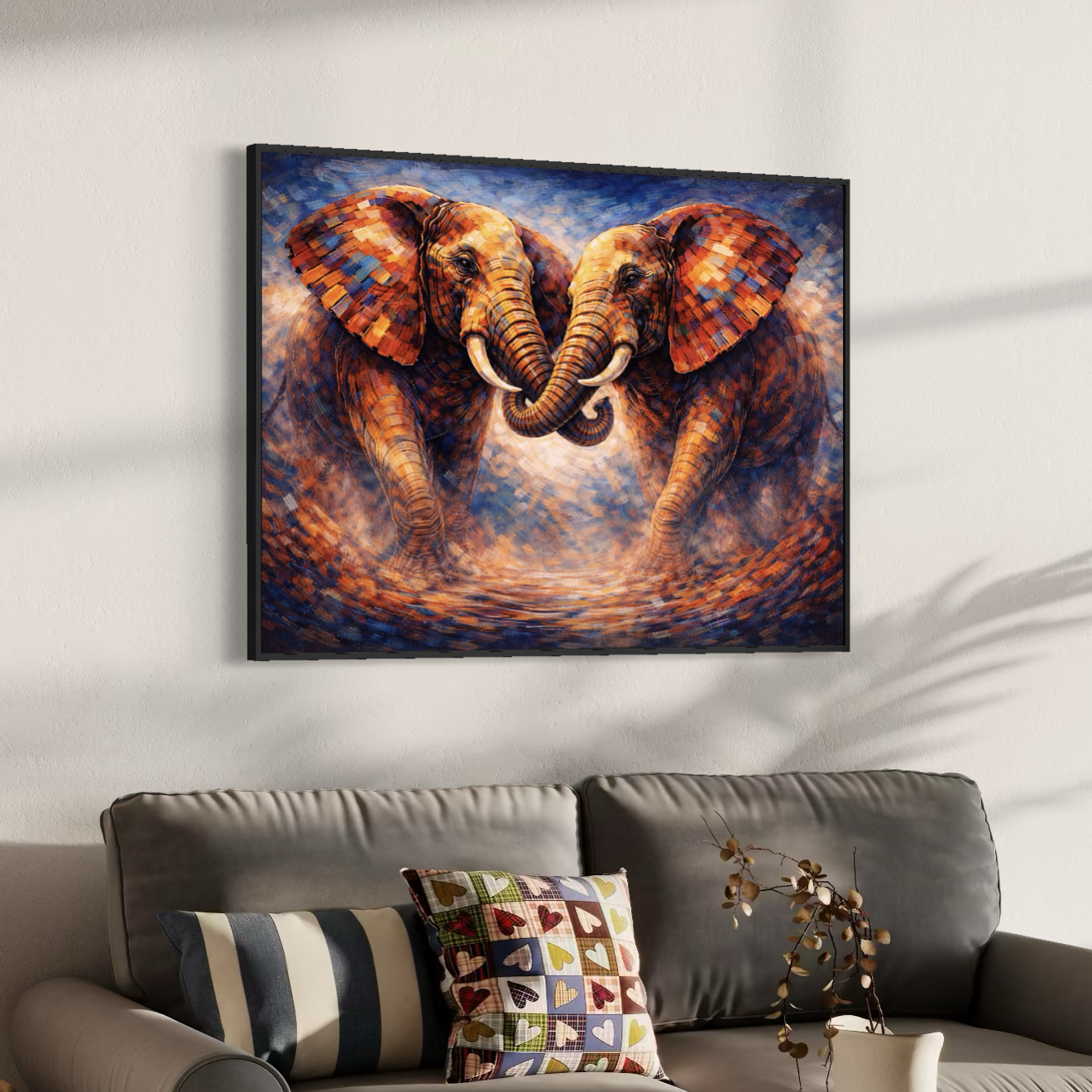 tableau éléphants artistiques couleurs chaudes décoration murale moderne
