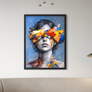 tableau femme abstrait street art colore dans un salon contemporain avec decoration murale moderne