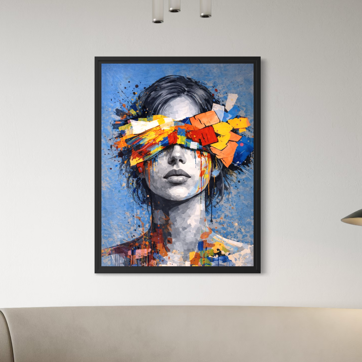 Tableau Éclat Mental contemporain coloré tableau femme abstrait street art colore dans un salon contemporain avec decoration murale moderne