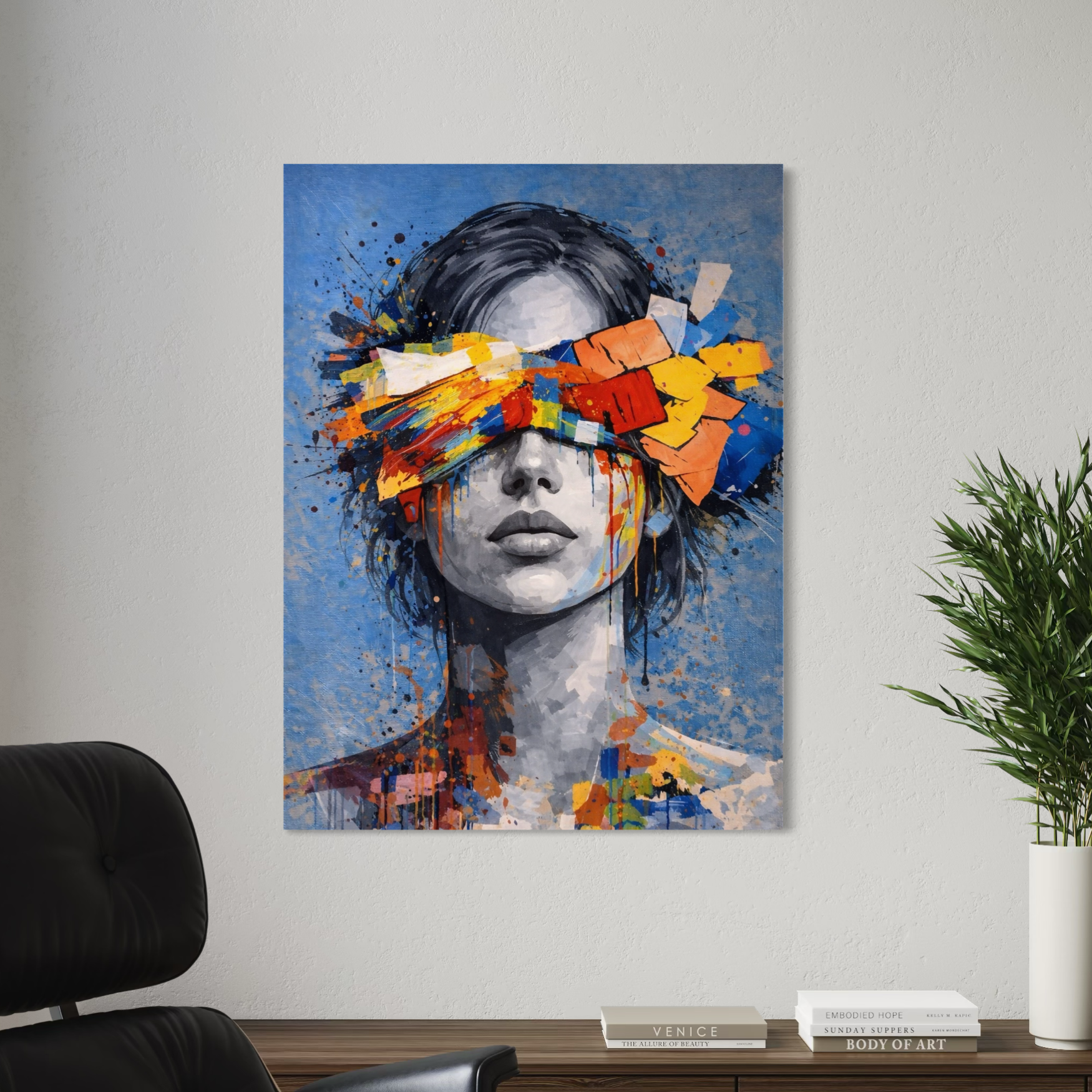 Tableau Éclat Mental contemporain coloré tableau femme street art contemporain colore dans un interieur moderne avec decoration murale design