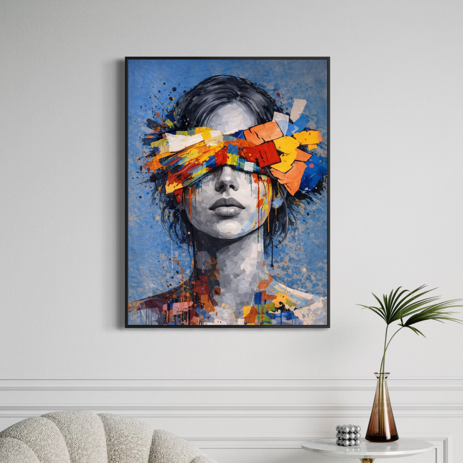 Tableau Éclat Mental contemporain coloré tableau femme contemporain abstrait colore dans un salon moderne avec decoration murale artistique design