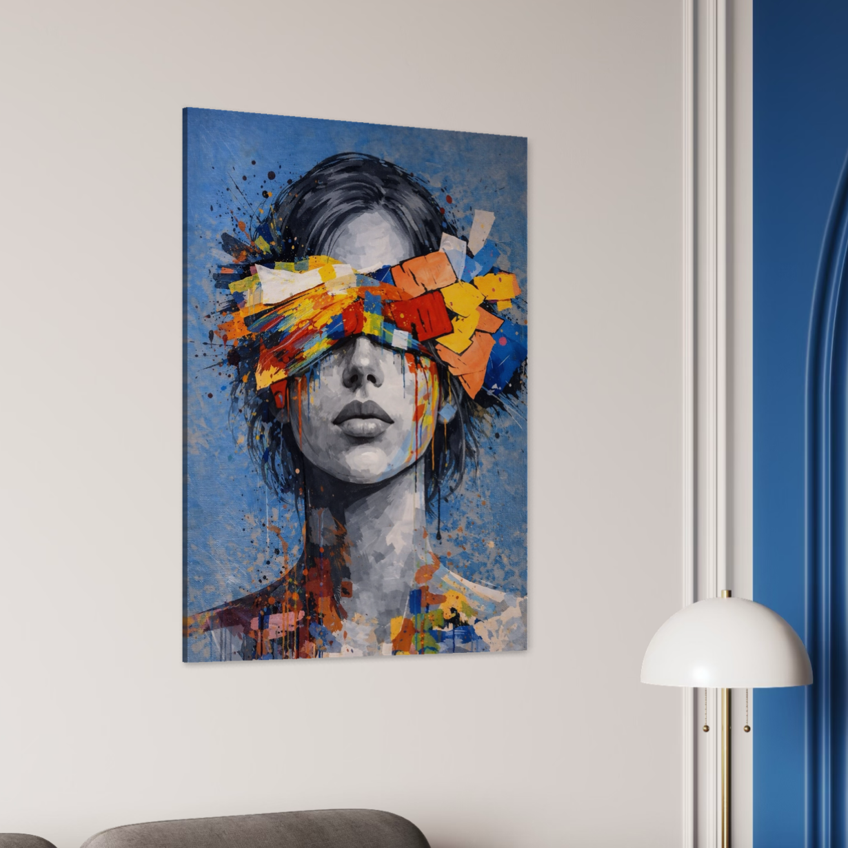 Tableau Éclat Mental contemporain coloré tableau femme contemporain colore style street art dans un salon moderne avec decoration murale artistique