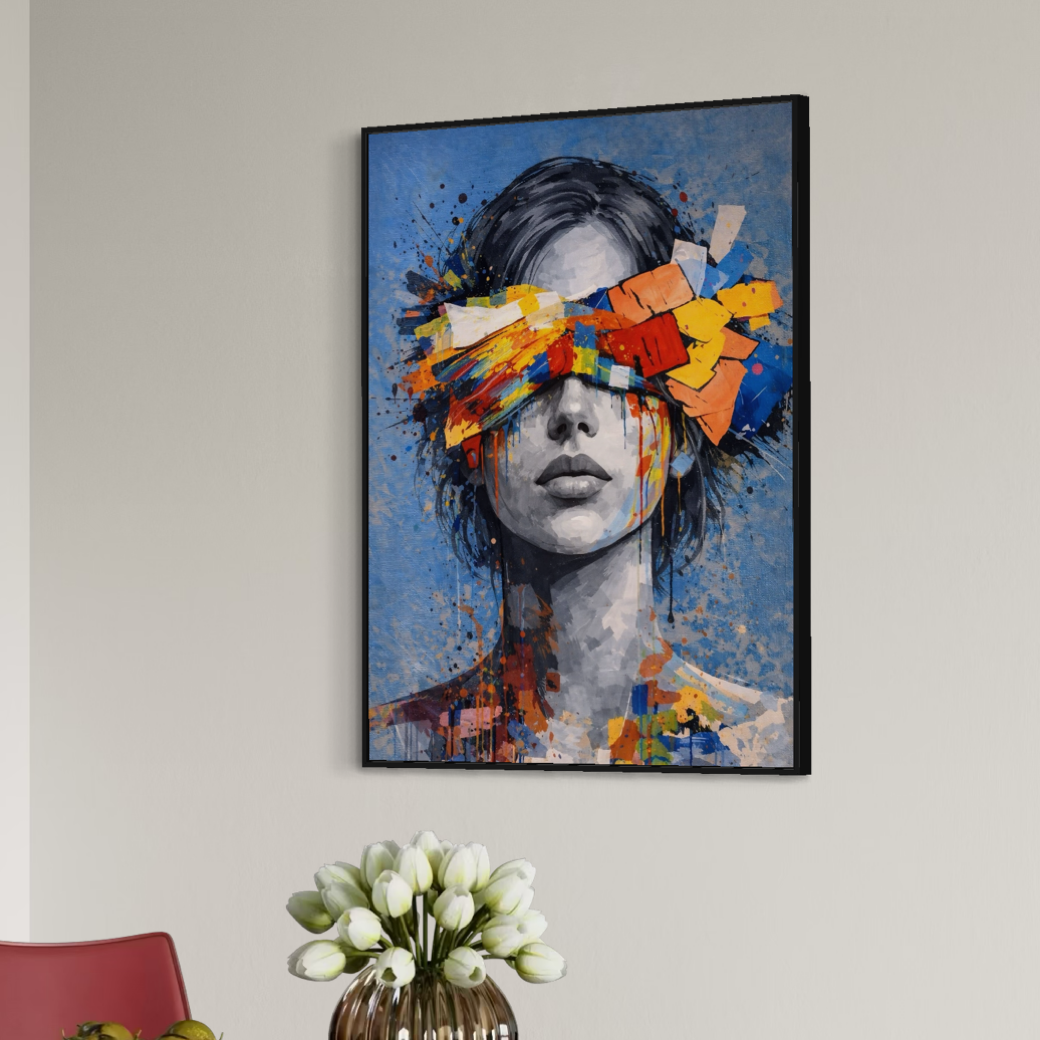 Tableau Éclat Mental contemporain coloré tableau femme abstrait colore dans un salon moderne avec decoration murale artistique contemporaine