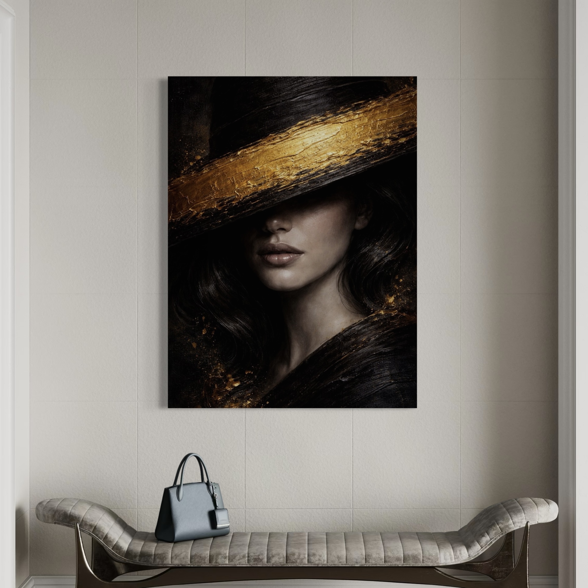 Élégance Noire – Portrait artistique contemporain Tableau Élégance Noire dans une décoration intérieure moderne et luxueuse