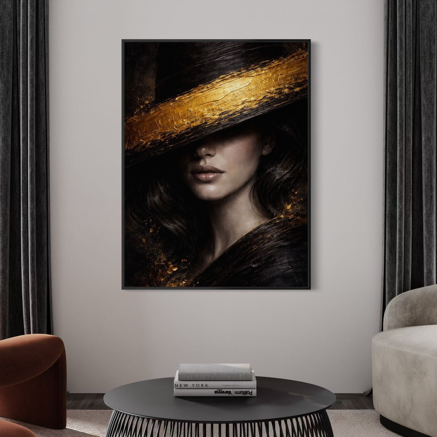 Élégance Noire – Portrait artistique contemporain Tableau Élégance Noire noir et or exposé dans un salon moderne et raffiné