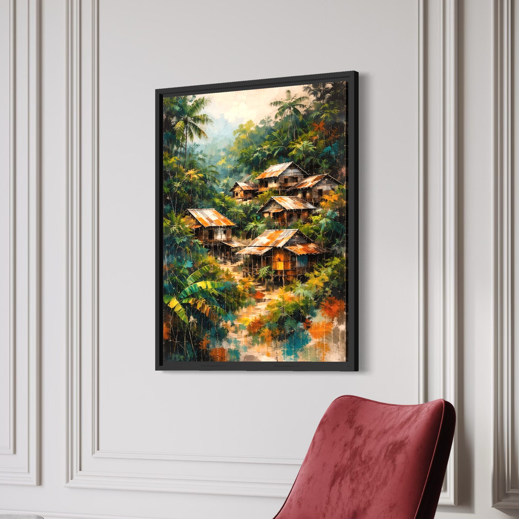 Tableau Évasion Tropicale – Village Jungle Contemporain tableau evasion tropicale art mural exotique jungle contemporaine