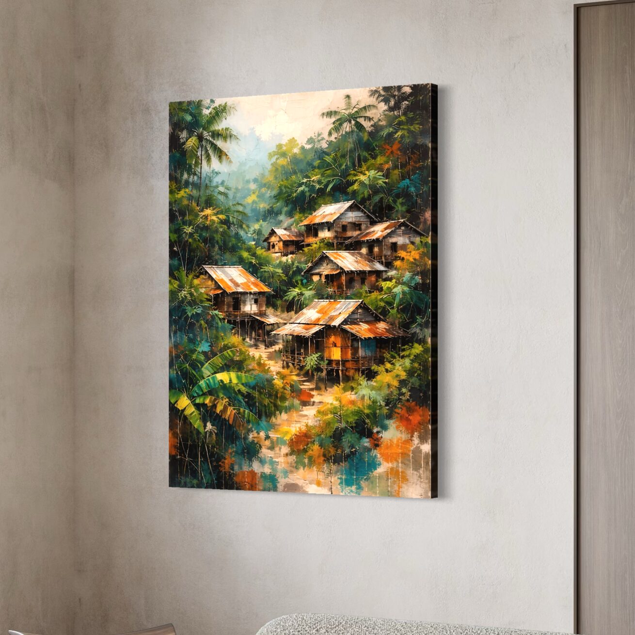 Tableau Évasion Tropicale – Village Jungle Contemporain tableau evasion tropicale jungle exotique decoration murale contemporaine