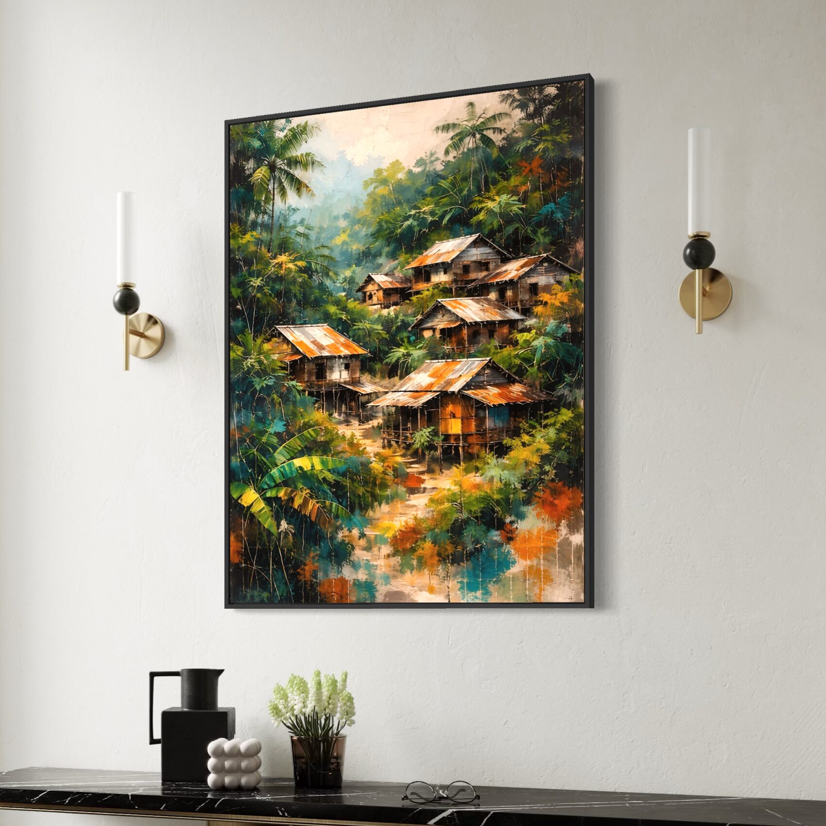 Tableau Évasion Tropicale – Village Jungle Contemporain tableau evasion tropicale jungle asiatique contemporaine encadré noir