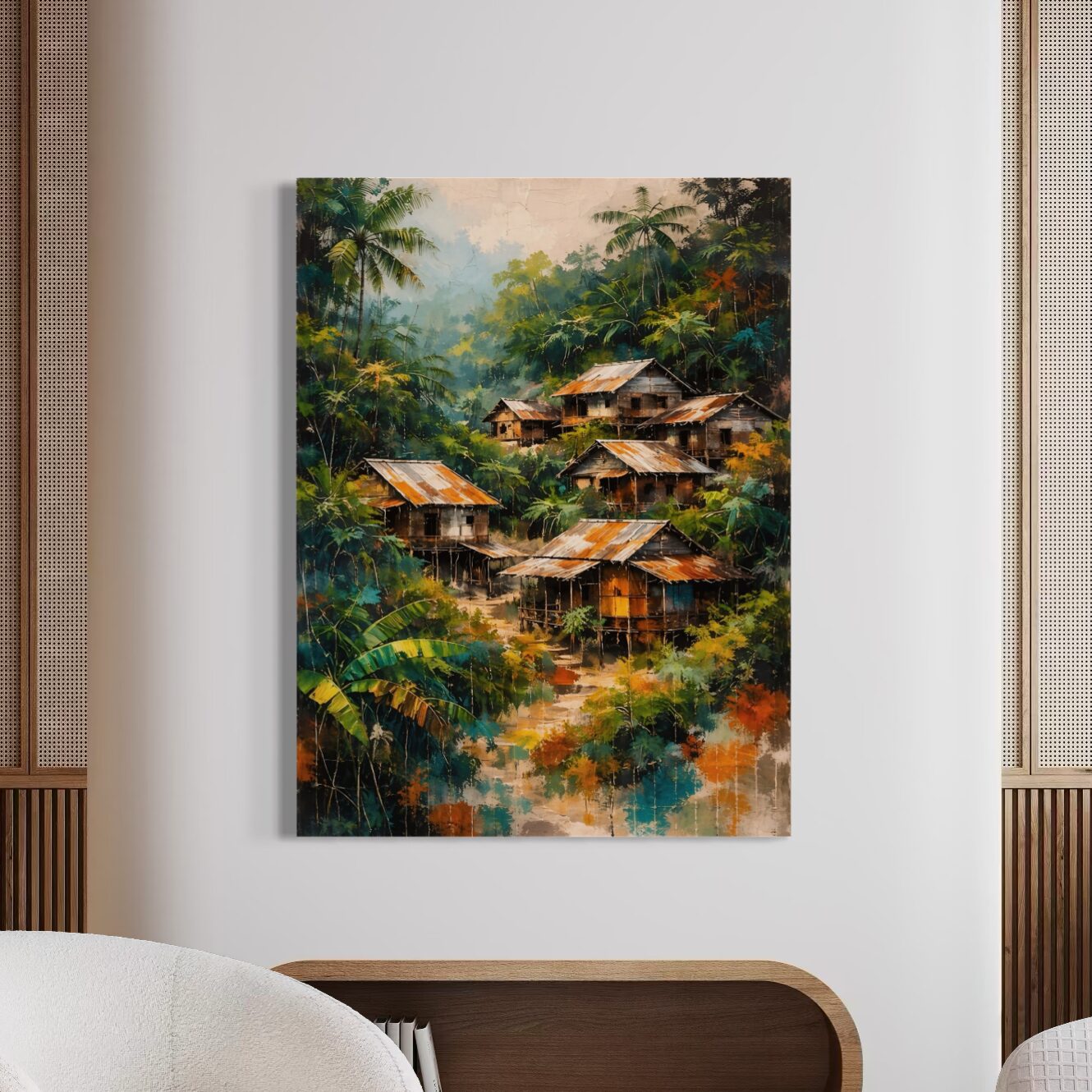 Tableau Évasion Tropicale – Village Jungle Contemporain tableau jungle tropicale village exotique contemporain evasion tropicale