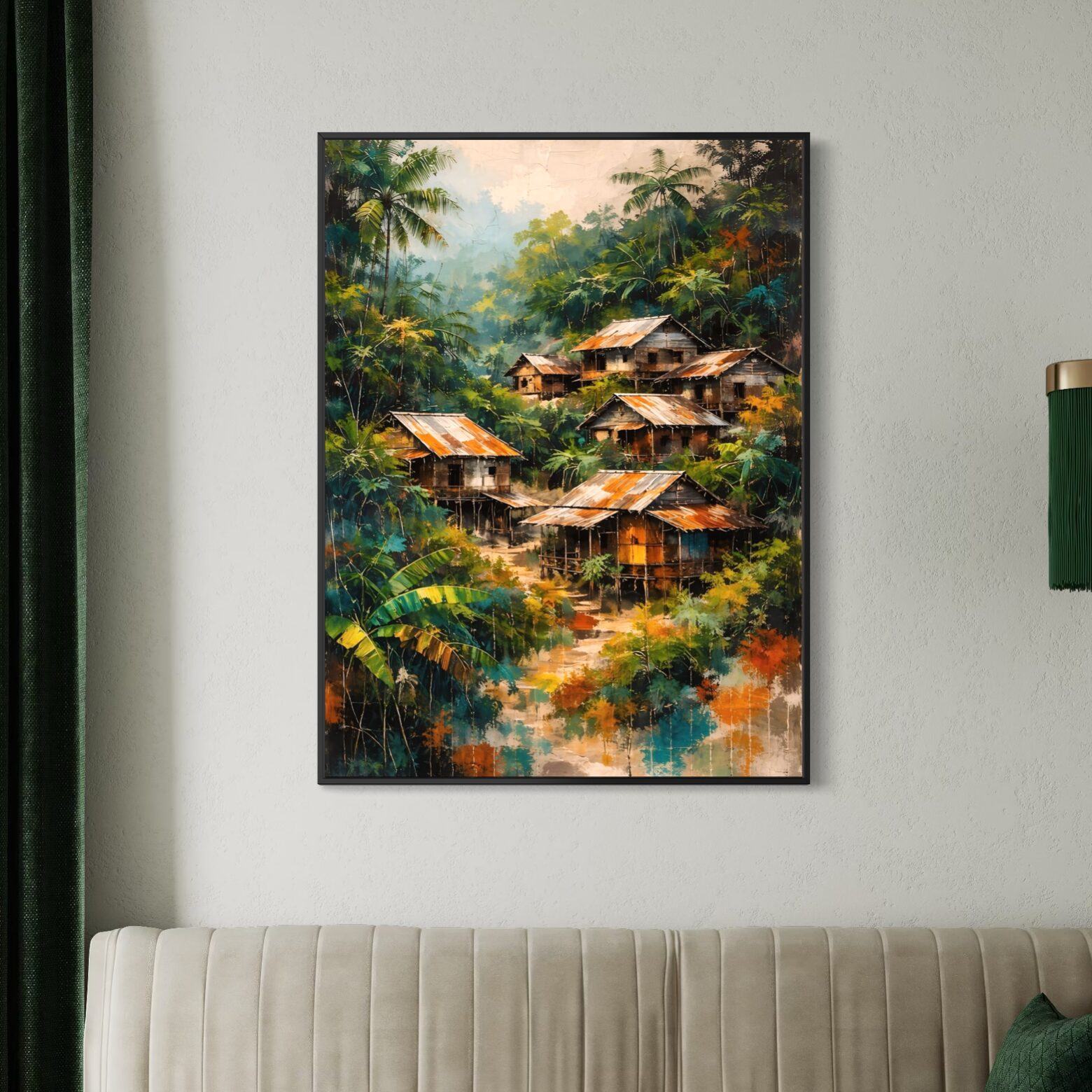 Tableau Évasion Tropicale – Village Jungle Contemporain tableau paysage tropical village exotique jungle contemporaine evasion tropicale