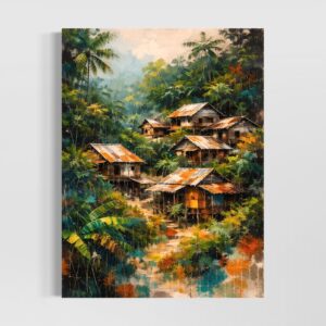 tableau evasion tropicale village jungle asiatique art contemporain
