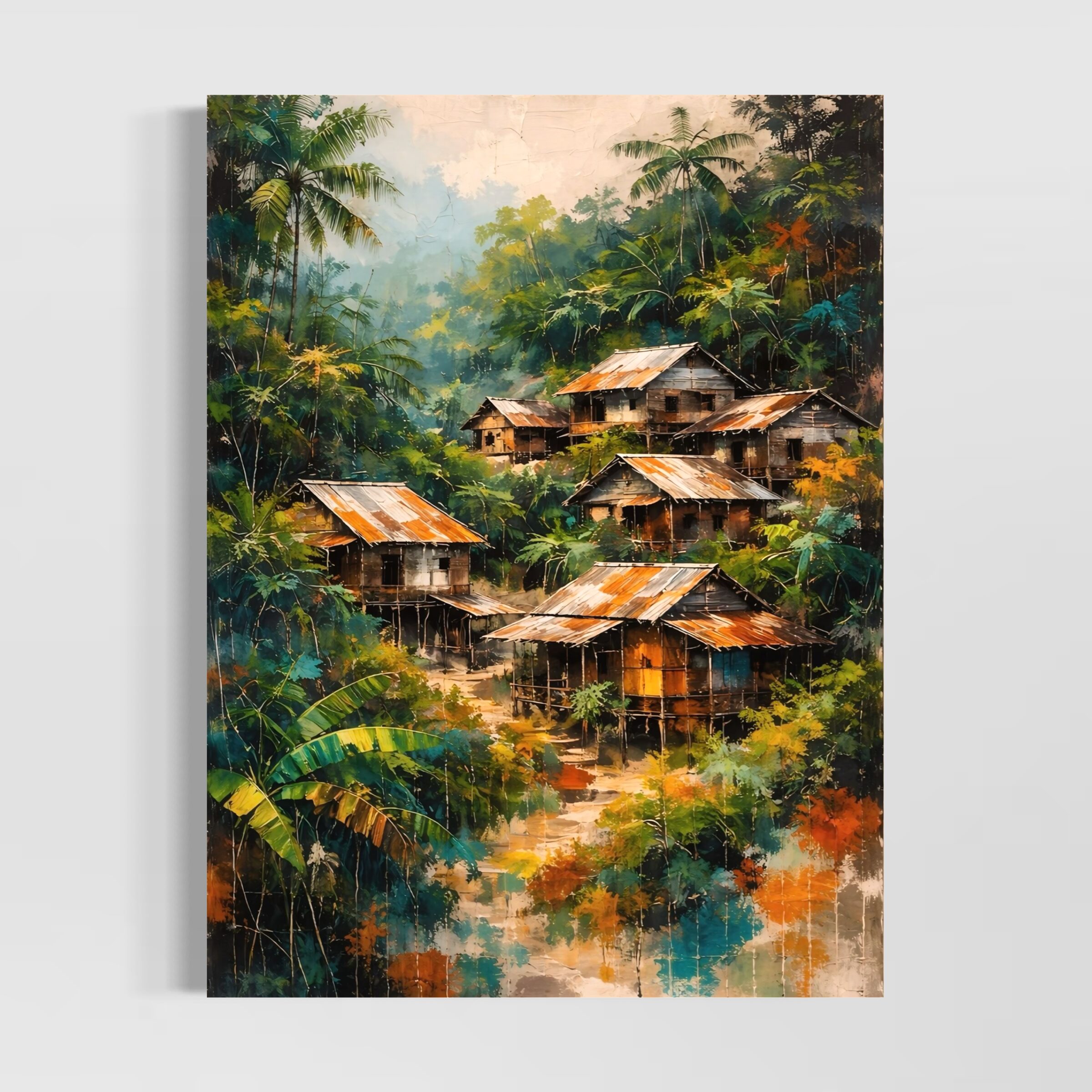 Tableau Évasion Tropicale – Village Jungle Contemporain tableau evasion tropicale village jungle asiatique art contemporain