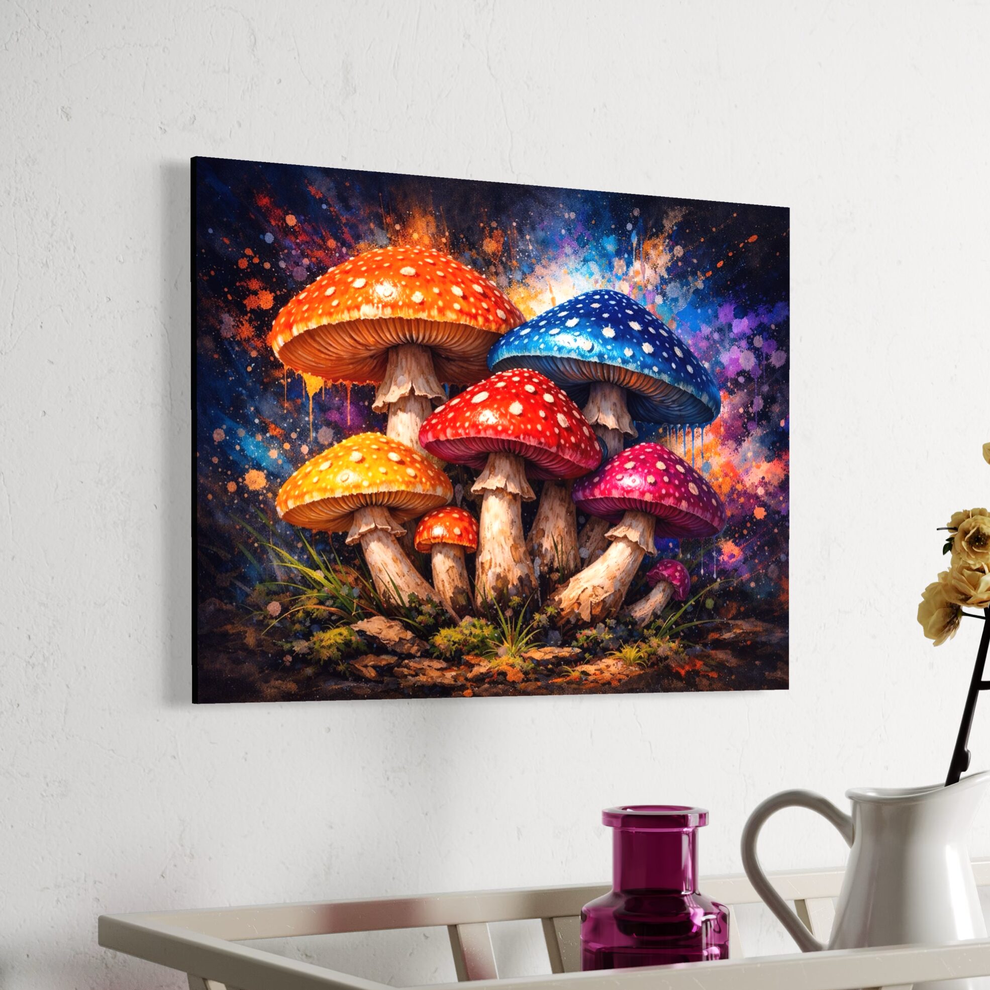 tableau éveil fongique champignons colorés art contemporain mural