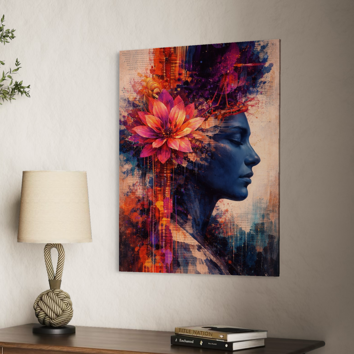 tableau femme floral abstrait dans un salon moderne avec decoration elegante