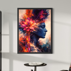 tableau femme floral abstrait contemporain dans un salon moderne avec decoration murale artistique coloree