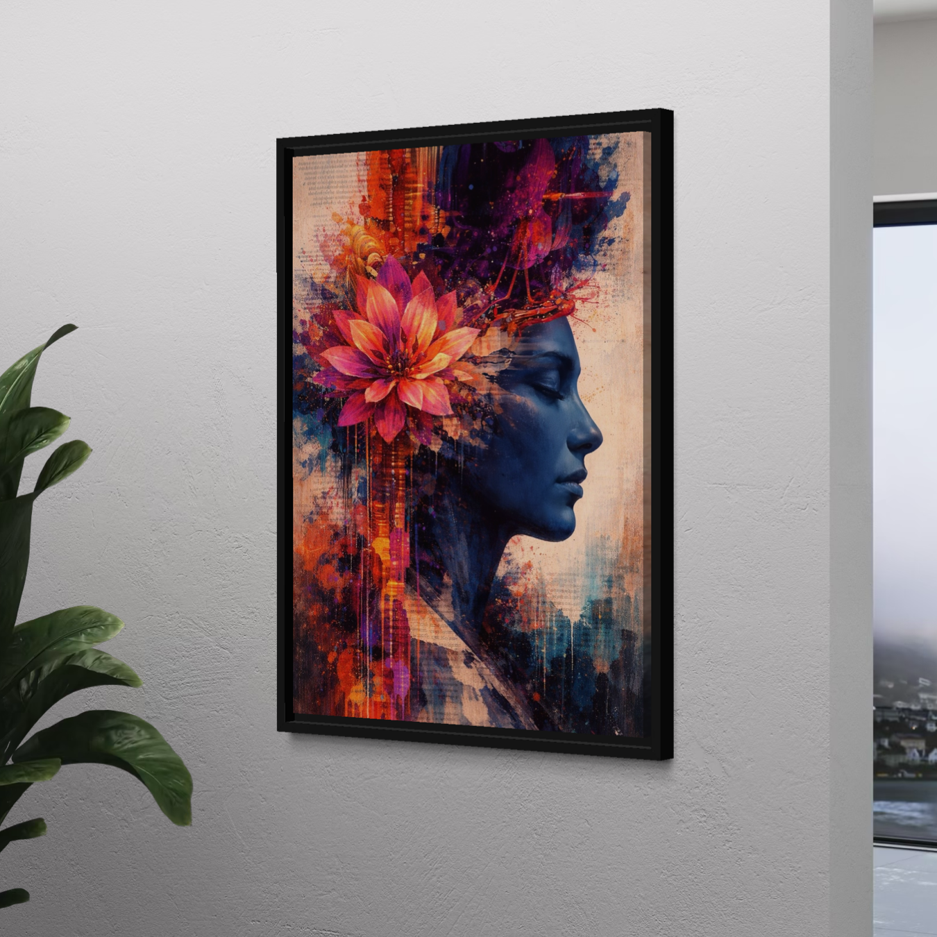 tableau femme abstrait floral colore dans un salon design contemporain et elegant