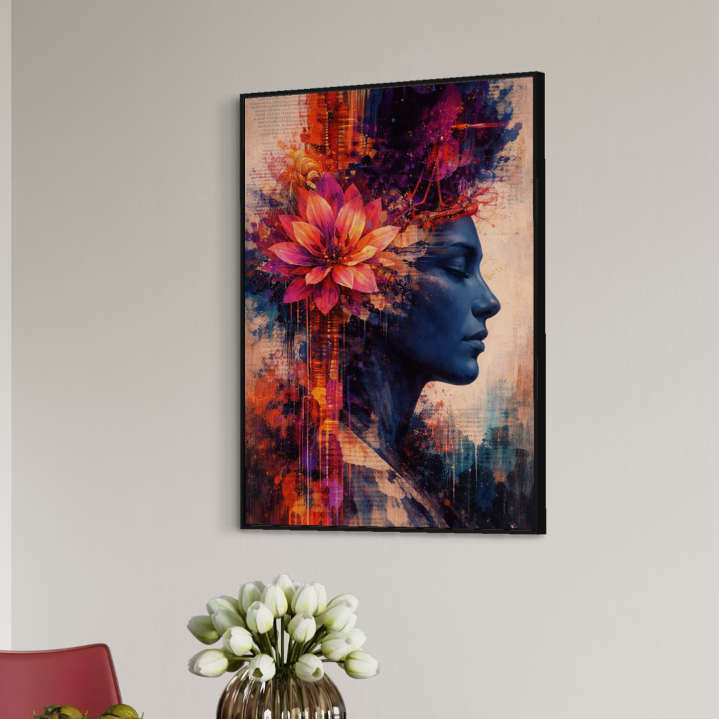 tableau femme floral contemporain colore dans un interieur moderne avec decoration murale artistique