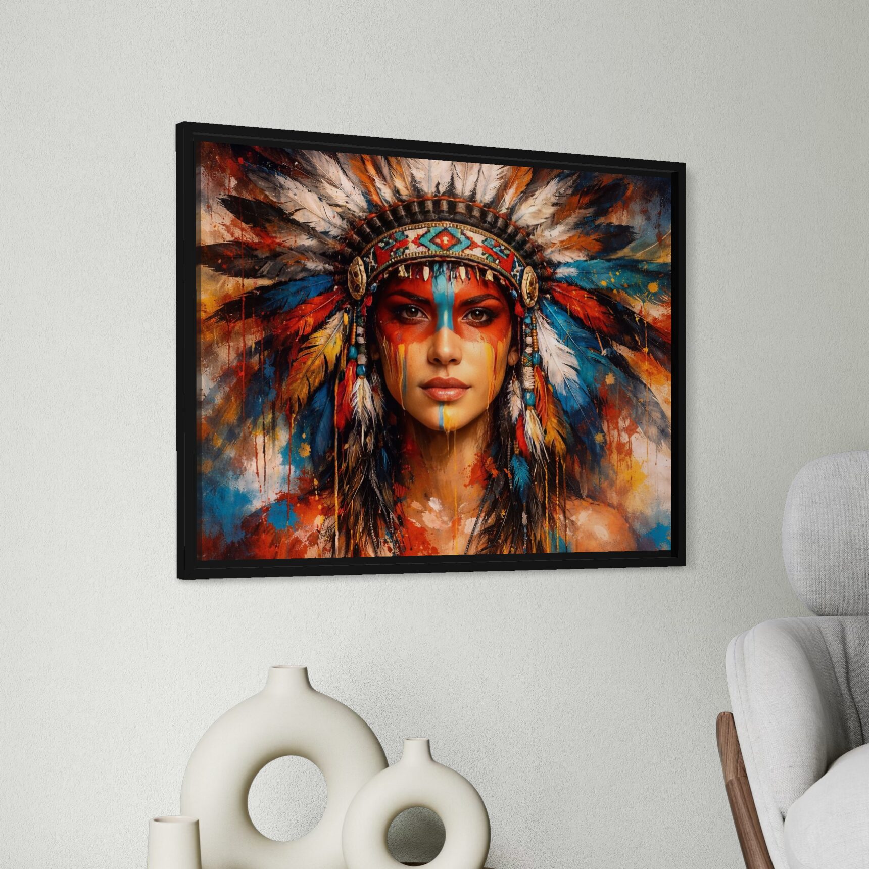 Tableau Éveil Tribal Femme Amérindienne tableau eveil tribal avec cadre noir dans une decoration murale moderne spektra