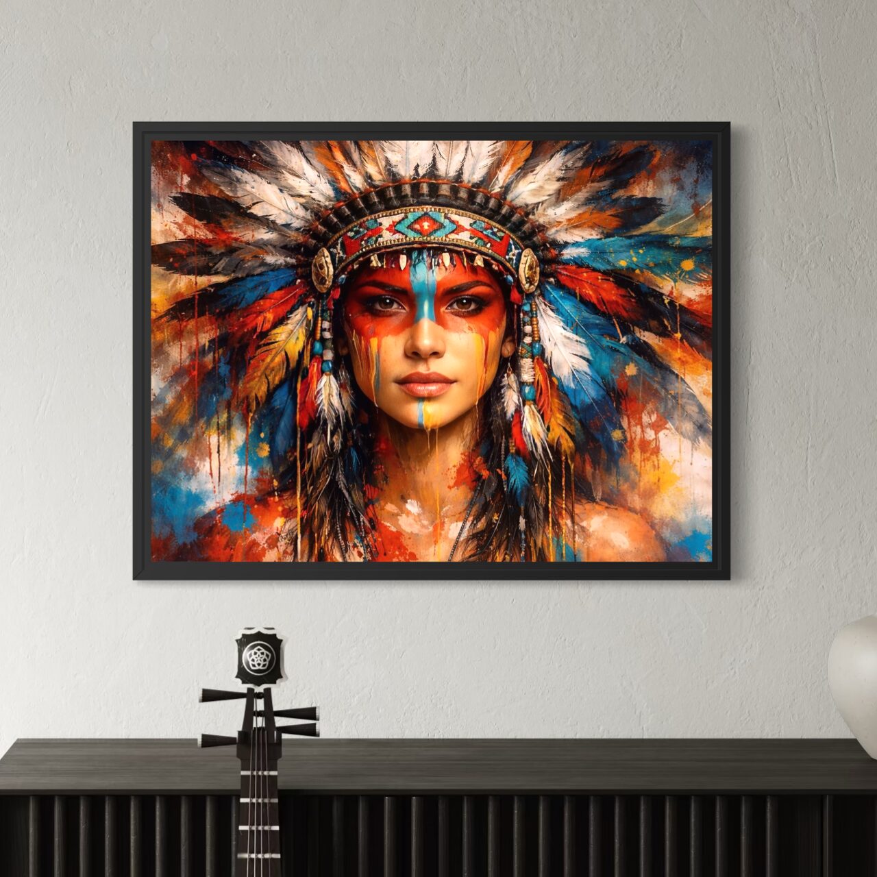 Tableau Éveil Tribal Femme Amérindienne tableau eveil tribal avec encadrement noir art tribal contemporain spektra
