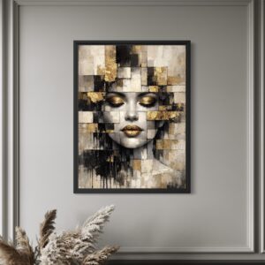 Tableau femme abstraite dorée avec textures artistiques dans une décoration murale élégante