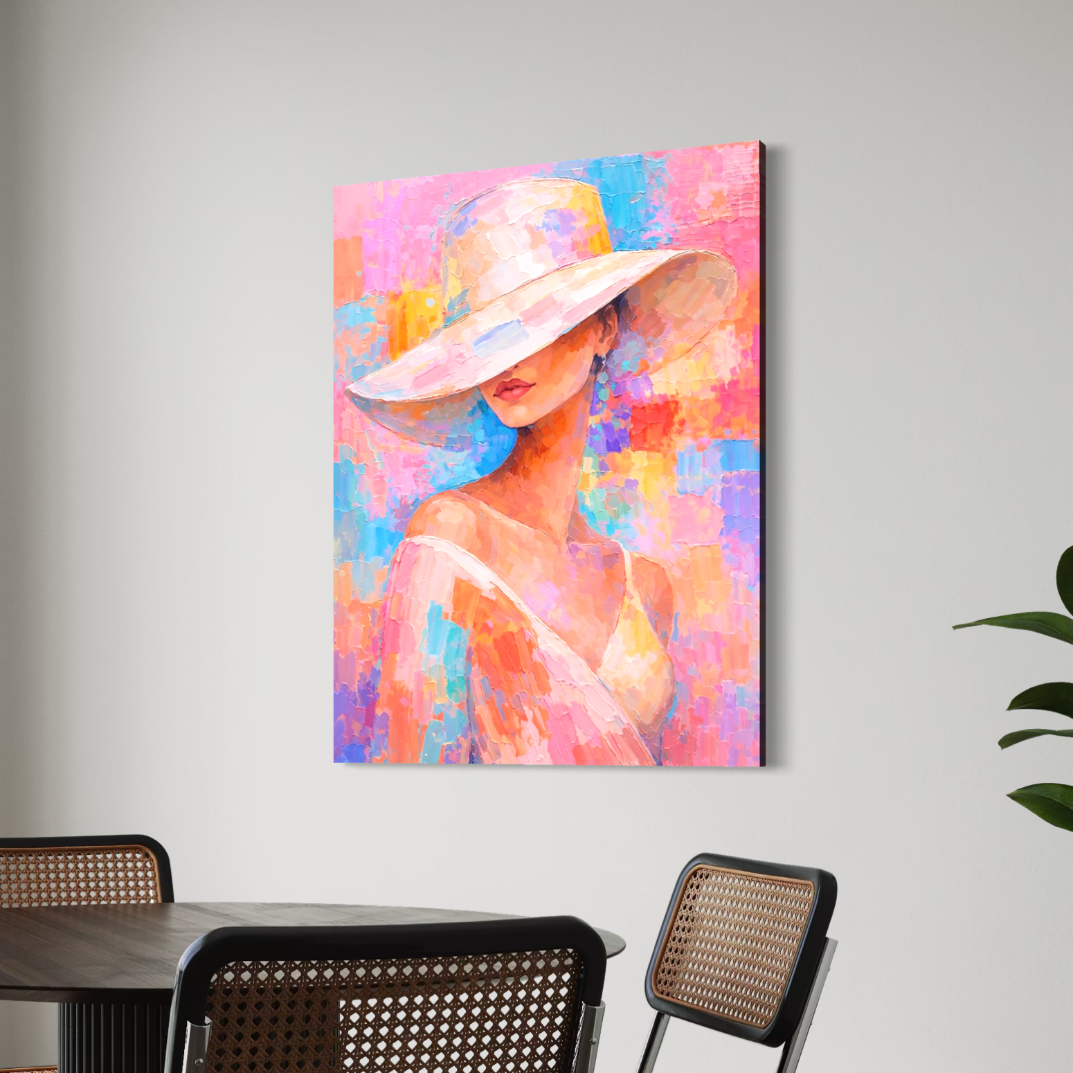 tableau femme colore contemporain avec chapeau blanc dans salle a manger moderne