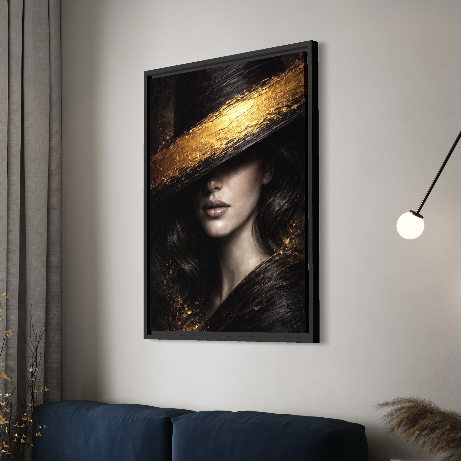 Élégance Noire – Portrait artistique contemporain Tableau Élégance Noire représentant une femme élégante aux détails dorés dans un salon moderne