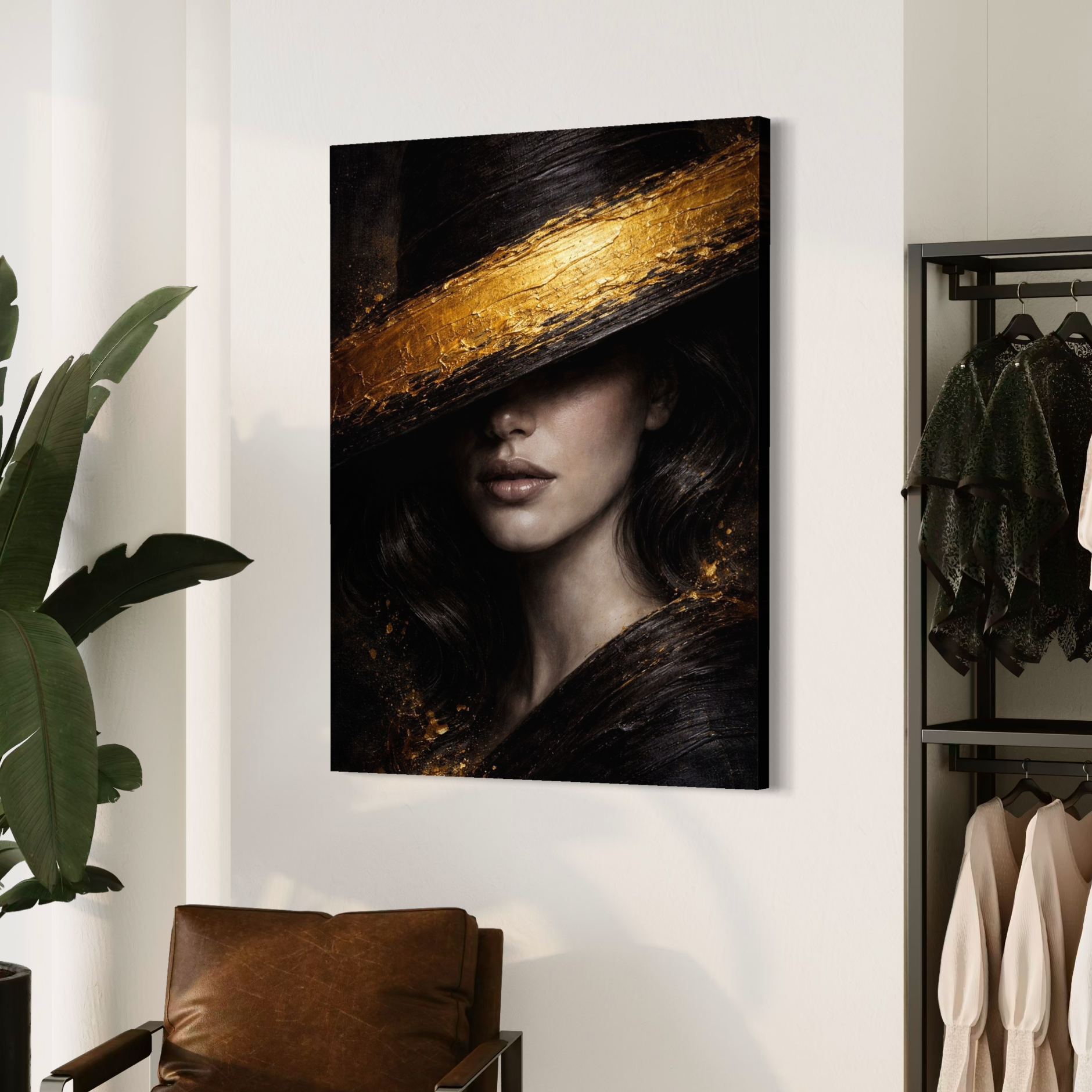 Élégance Noire – Portrait artistique contemporain Tableau femme noire et dorée dans une décoration intérieure contemporaine élégante
