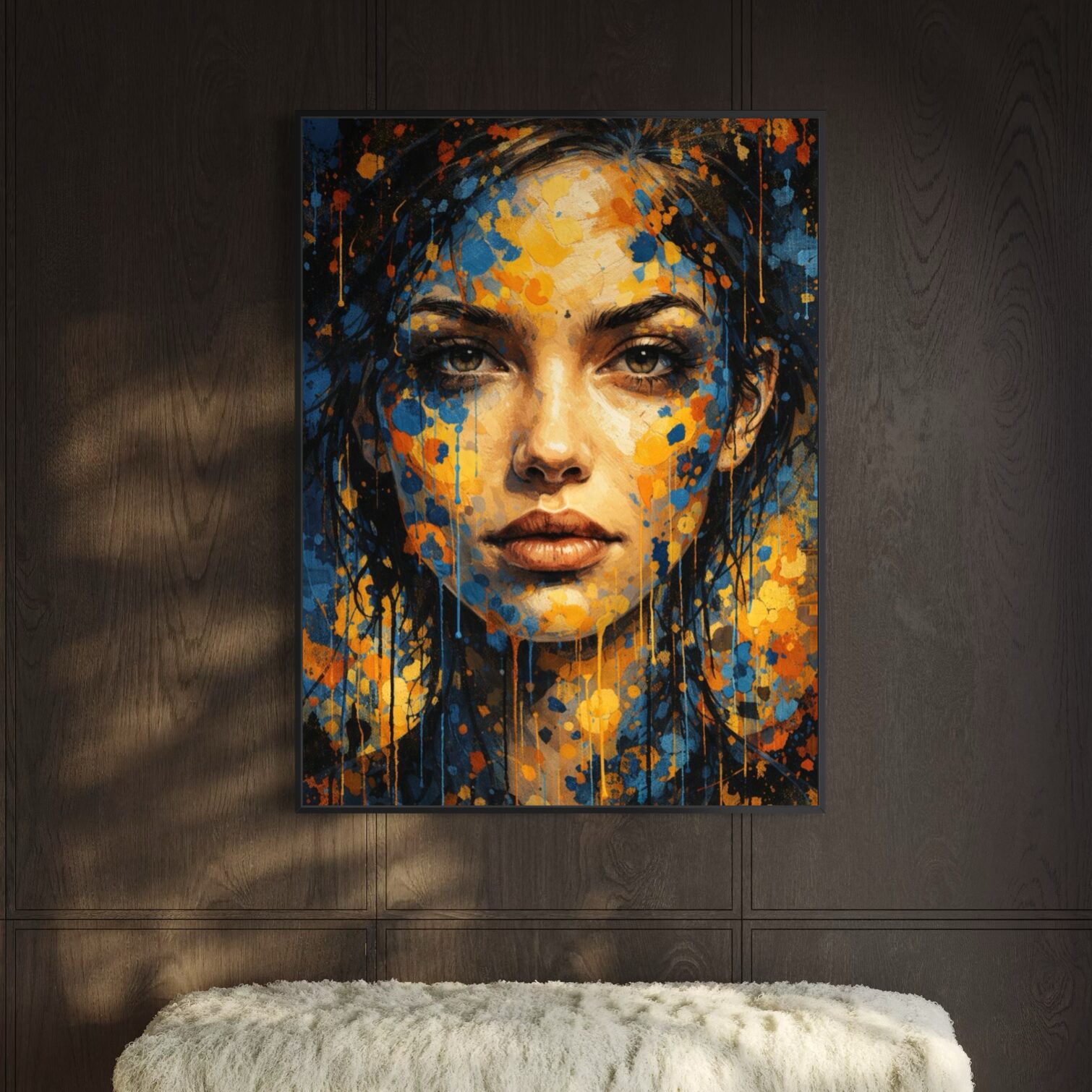 Tableau Femme Pop Art – Beauté Sauvage tableau femme pop art abstrait beauté sauvage sur mur bois sombre décoration moderne spektra