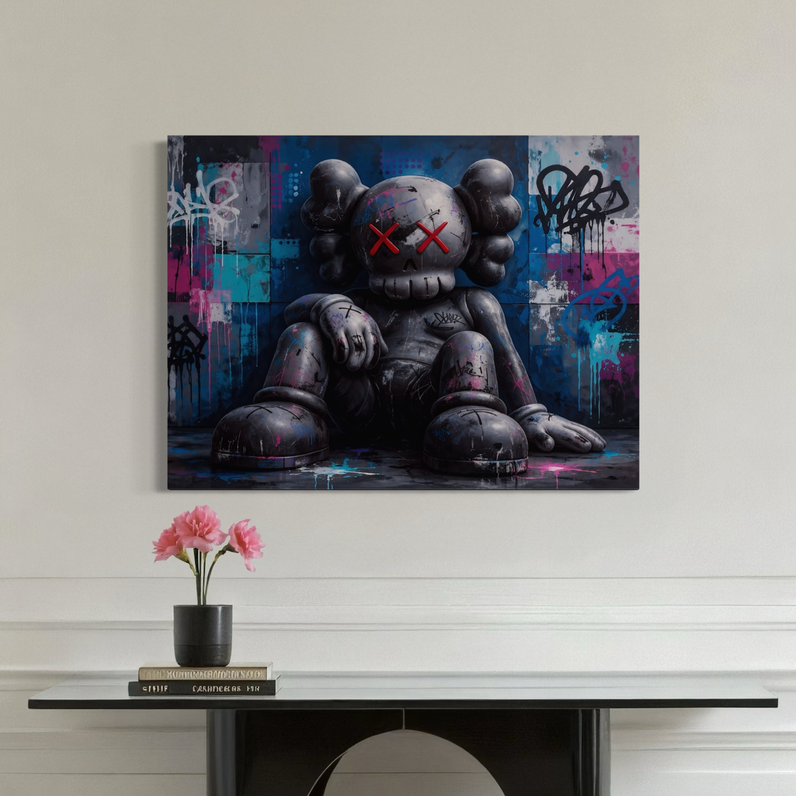 tableau graffiti moderne avec personnage street art noir et yeux rouges dans un salon contemporain
