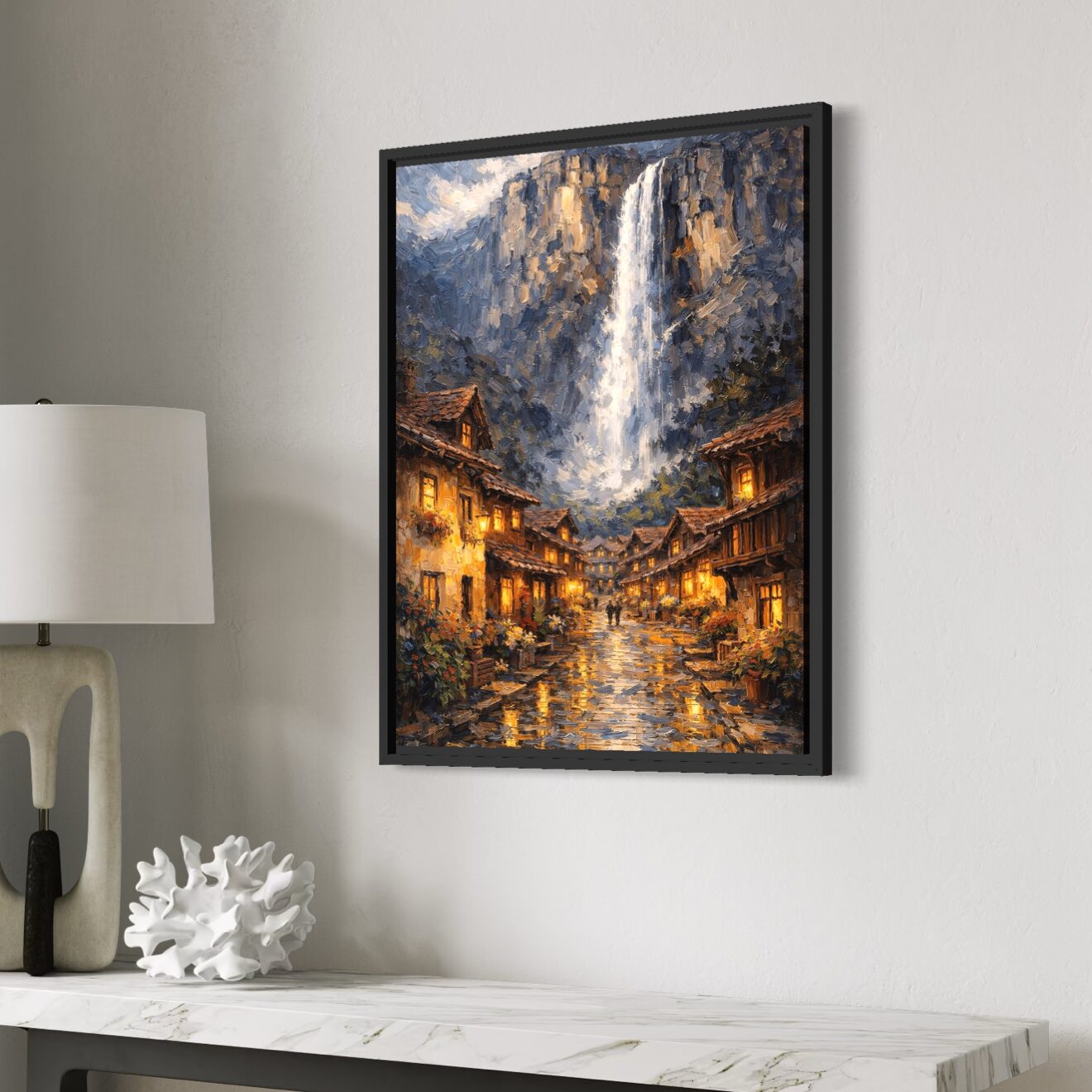 tableau hameau des brumes cascade montagne village décoration salon contemporain spektra
