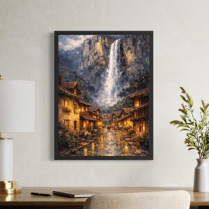 tableau hameau des brumes village montagne cascade décoration murale contemporaine spektra