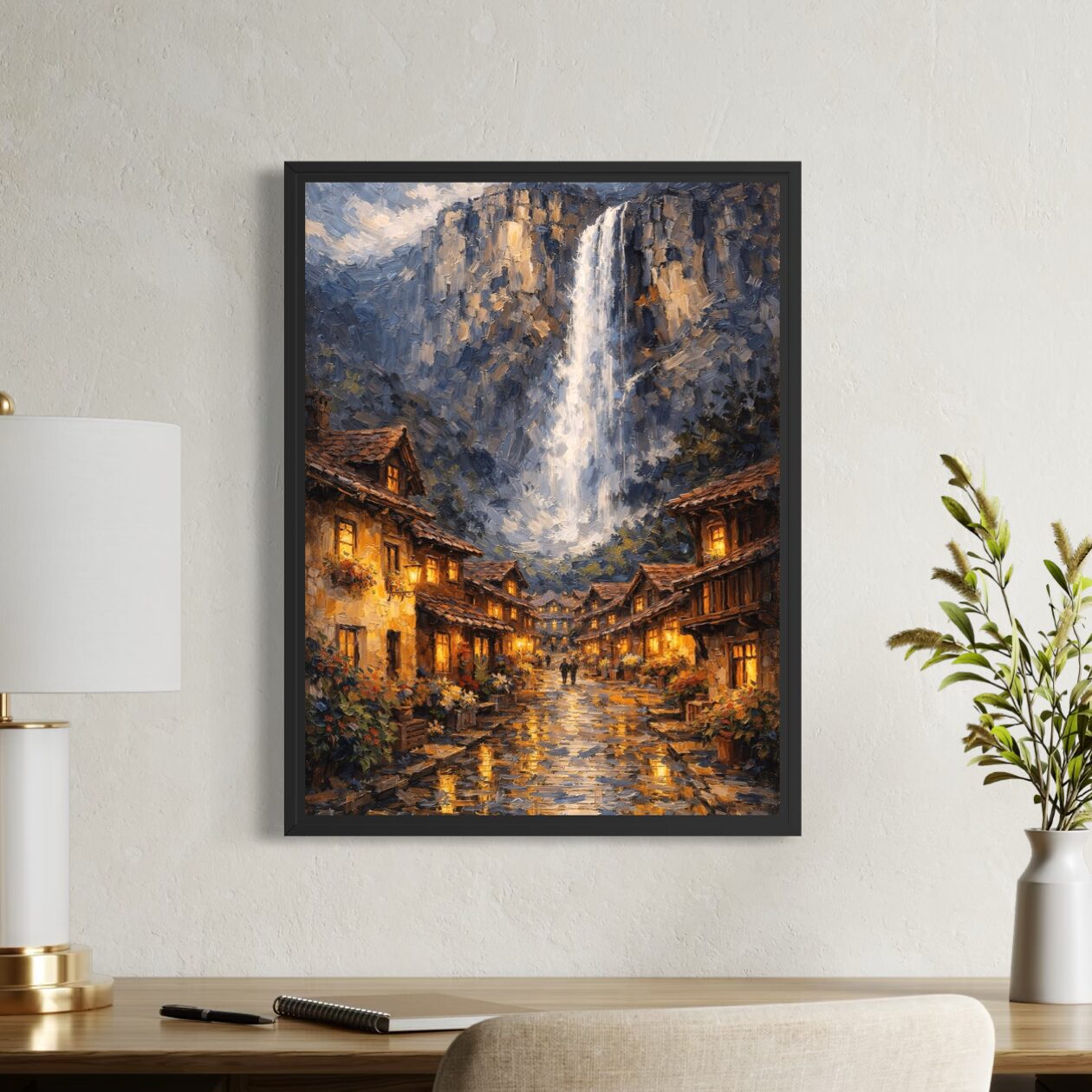 tableau hameau des brumes village montagne cascade décoration murale contemporaine spektra