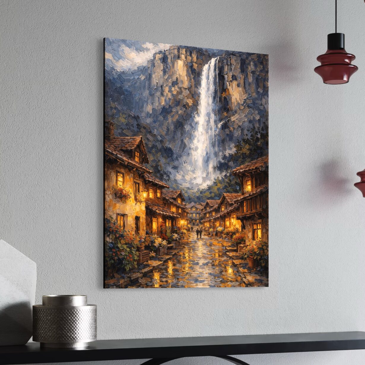 tableau hameau des brumes village cascade décoration contemporaine montagne spektra