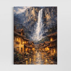 tableau hameau des brumes village montagne cascade art contemporain décoration murale spektra